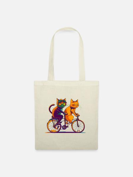 Coole Comic Katzen fahren Fahrrad, Tandem - Stoffbeutel - Natur