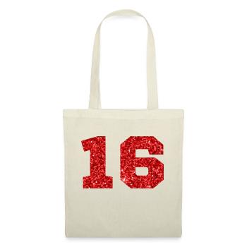 Nummer 16 Roter Glitzer - 16. Geburtstag - Stoffbeutel - Natur - Vorne