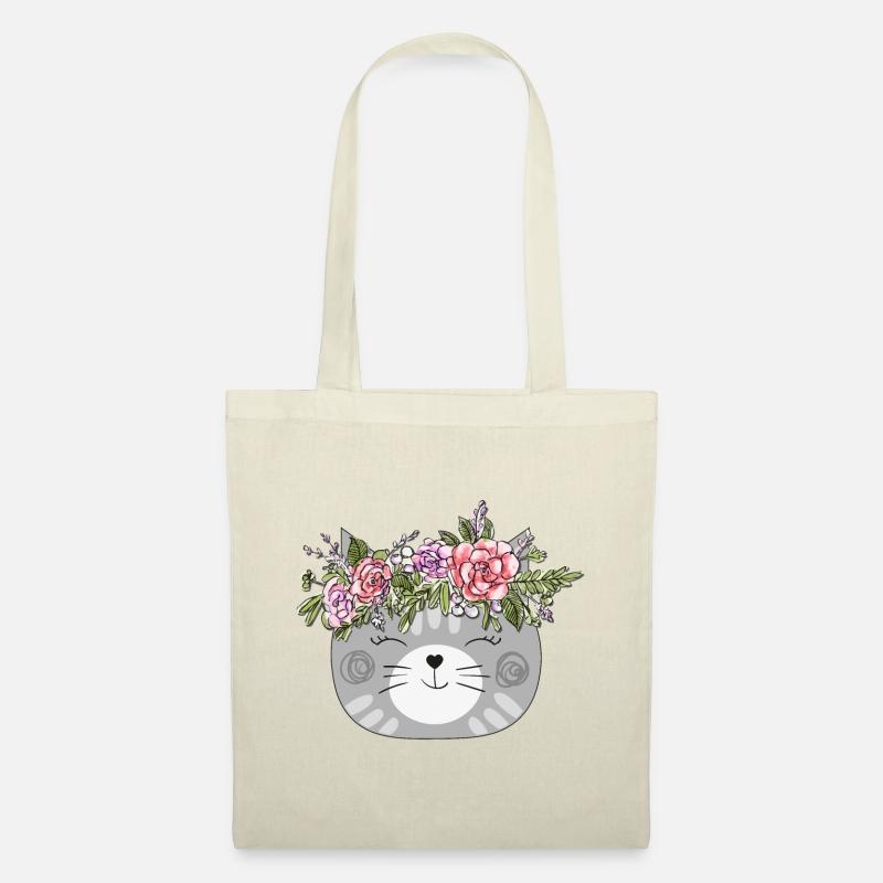 Flower Crown Cat Design - Katze mit Blumenkranz - Stoffbeutel - Natur