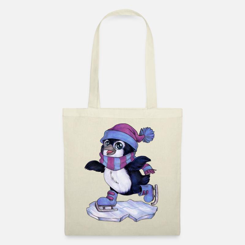 Niedlicher Chibi Pinguin mit Schal & Schlittschuh - Stoffbeutel - Natur