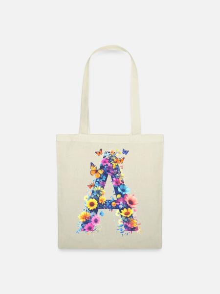 A – Floraler Anfangsbuchstabe 💐🌼🦋 - Stoffbeutel - Natur