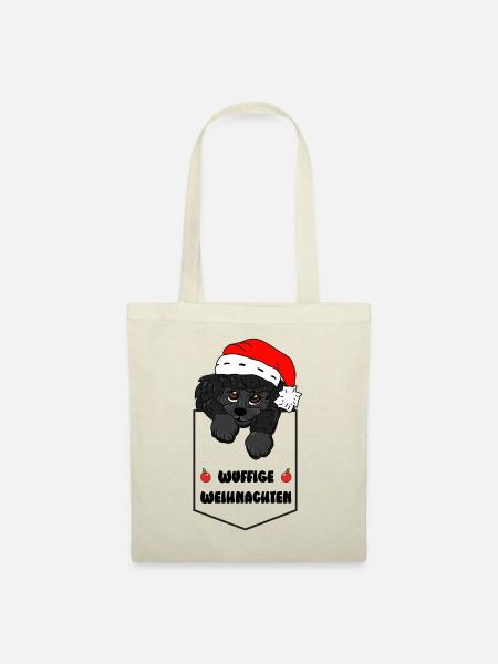 weihnachtliches Pudelmotiv - Taschenhocker Pudel - Stoffbeutel - Natur