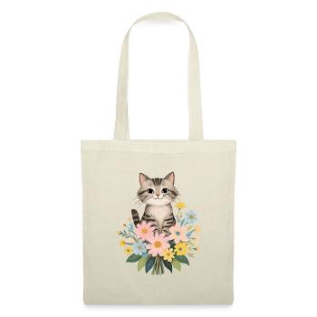 Katze mit Blumen - niedliches Tiermotiv - Stoffbeutel - Natur - Vorne