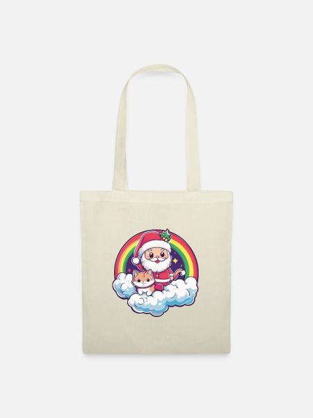 Katze Weihnachtsmann Regenbogen - Stoffbeutel - Natur