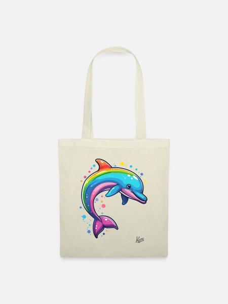 Bunt und fröhlich: Regenbogen Glücklicher Delfin - Stoffbeutel - Natur