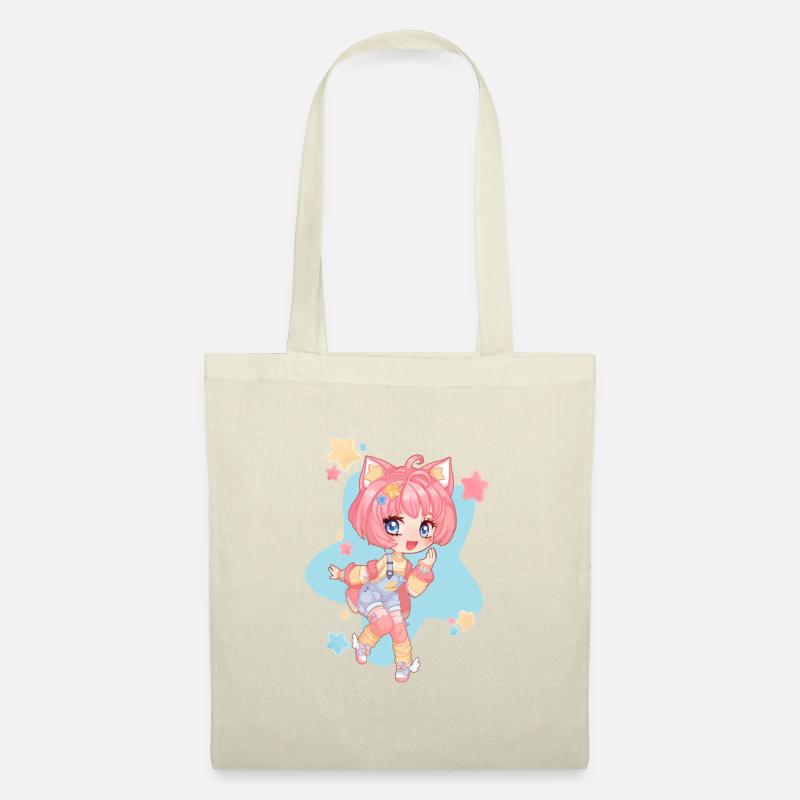 Chibi kawaii Mädchen Katzenohren - Stoffbeutel - Natur
