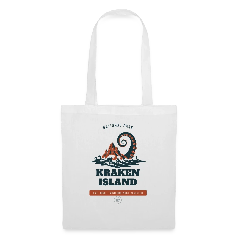 Kraken Island badge on a tote bag