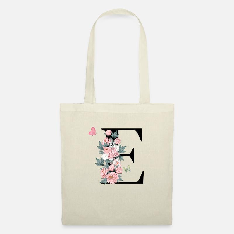 Buchstabe e rosa Blumen - Stoffbeutel - Natur
