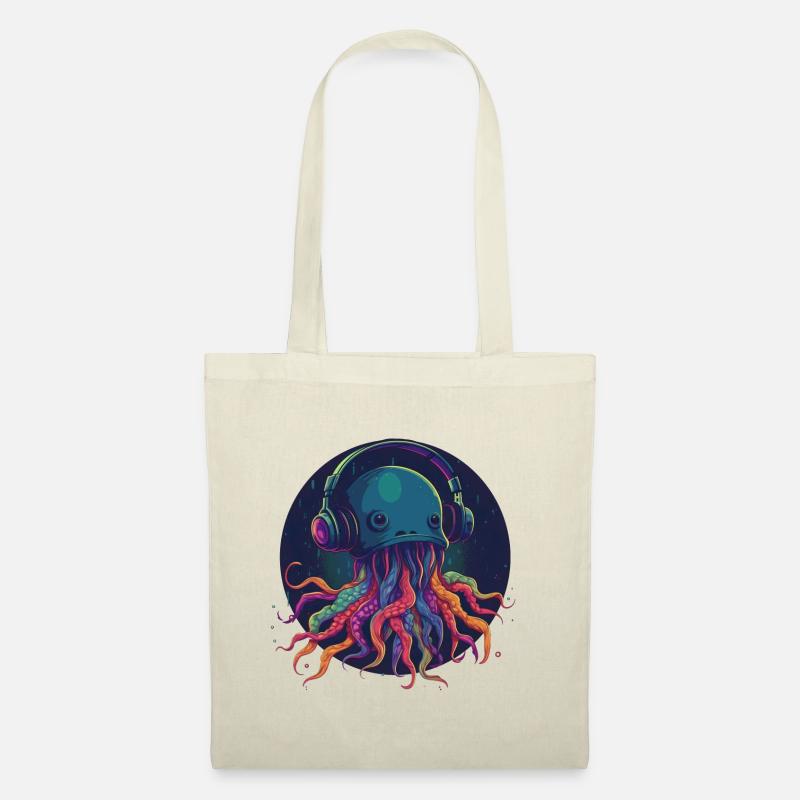Techno Jellyfish - Coole Qualle mit Kopfhörern - Stoffbeutel - Natur