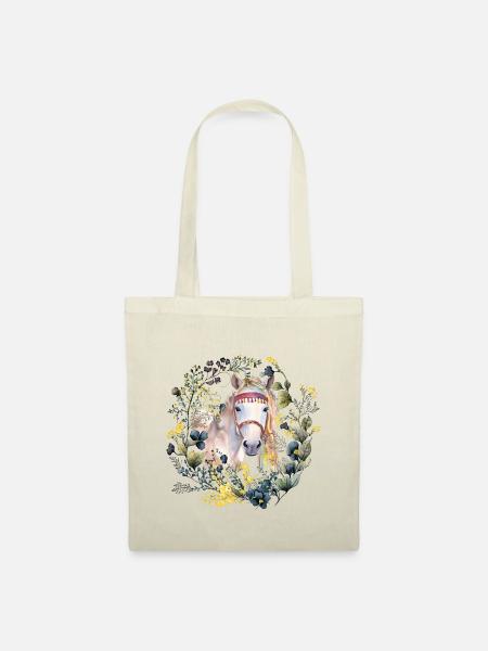 Boho Pferd mit zartem Blumenkranz - Boho style - Stoffbeutel - Natur