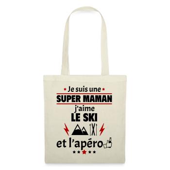 Super maman ski et apéro, fête des mères, noël - Sac en tissu - nature - Devant