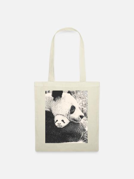 Panda Mama mit Baby, schwarz weiß, bnw - Stoffbeutel - Natur
