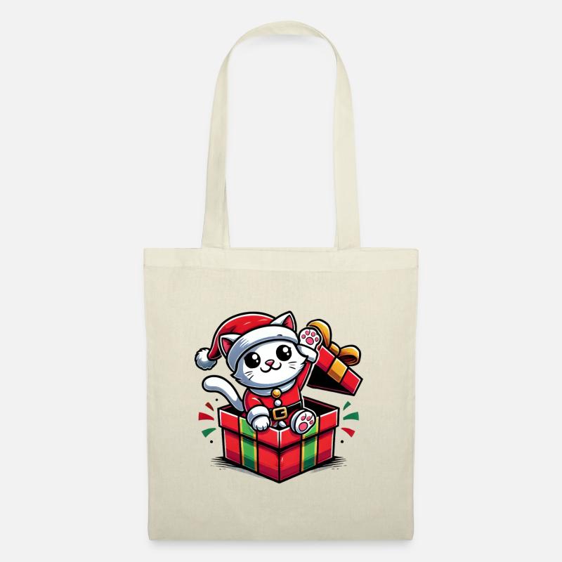 Weihnachtliche Katze im Geschenkbox - Stoffbeutel - Natur