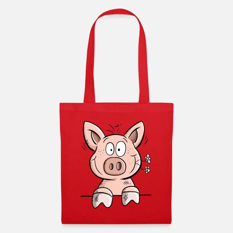 Happy Schweinchen mit Blümchen I Tiermotiv Comic - Stoffbeutel - Rot