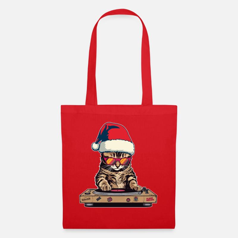 DJ Katze mit Weihnachtsmütze - Stoffbeutel - Rot