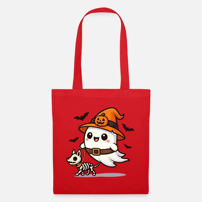 Geist geht gassi mit Skelett‑Hund Halloween Shirt - Stoffbeutel - Rot