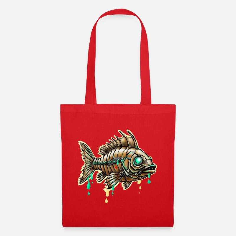 Cybernetic Steampunk Fish - Tote Bag - red