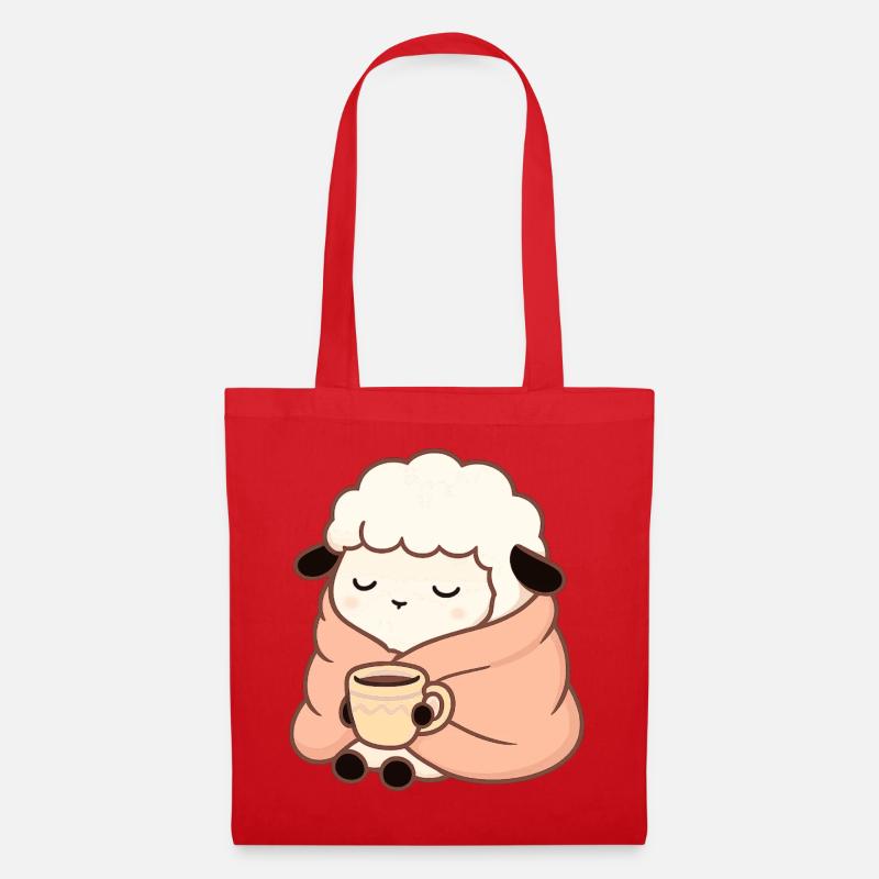 Schaf mit Tee – Ruhige Illustration - Stoffbeutel - Rot