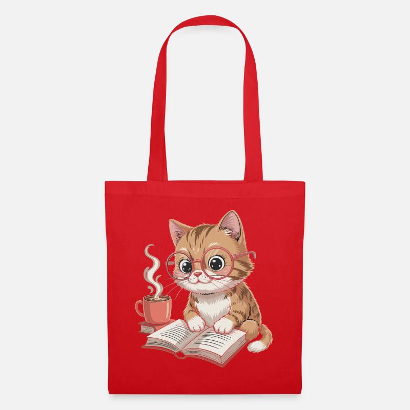 LeseKatz Katze mit Brille und Kaffee - Stoffbeutel - Rot