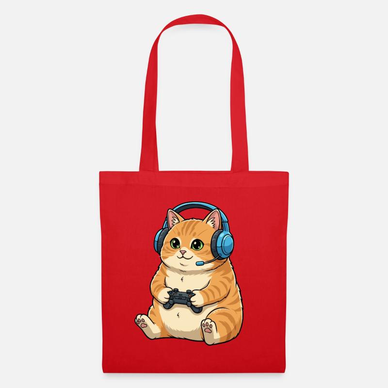 Gamer Katze mit Headset - Stoffbeutel - Rot