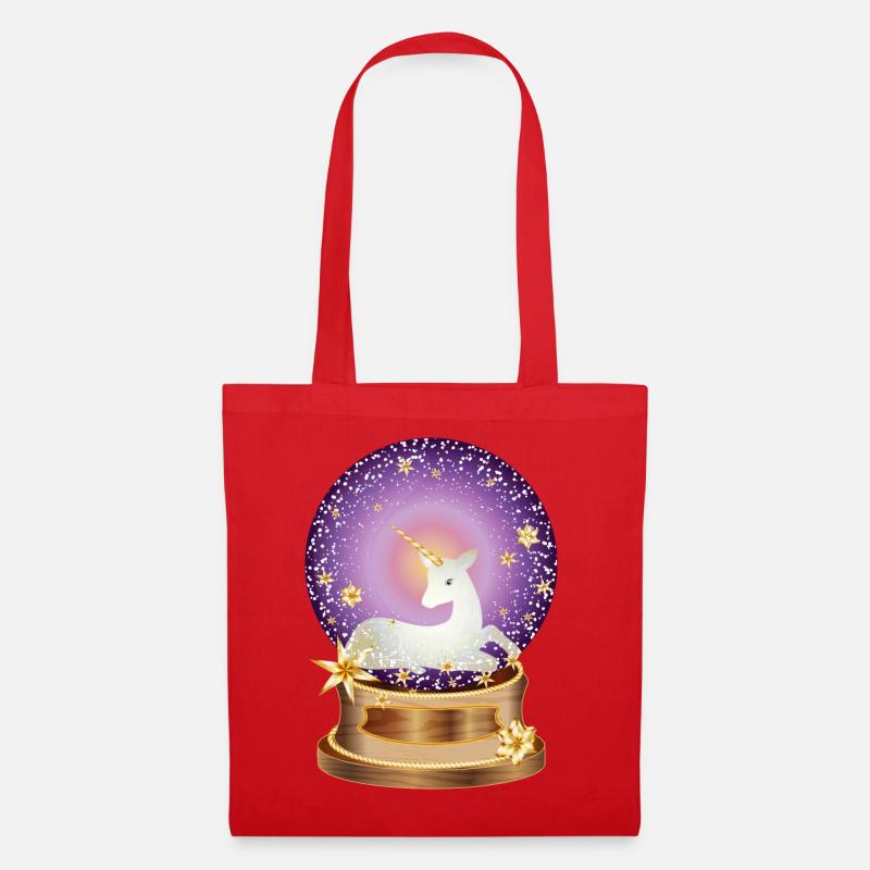 violette Schneekugel mit fantasievollen Einhorn - Stoffbeutel - Rot