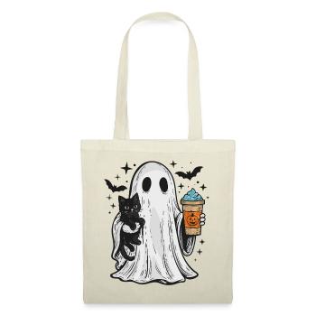 Halloween-Geist mit Katze und Kaffee - Stoffbeutel - Rot - Vorne