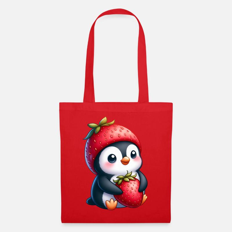 Süßer Pinguin mit Erdbeere Cartoon Sommer Spaß - Stoffbeutel - Rot
