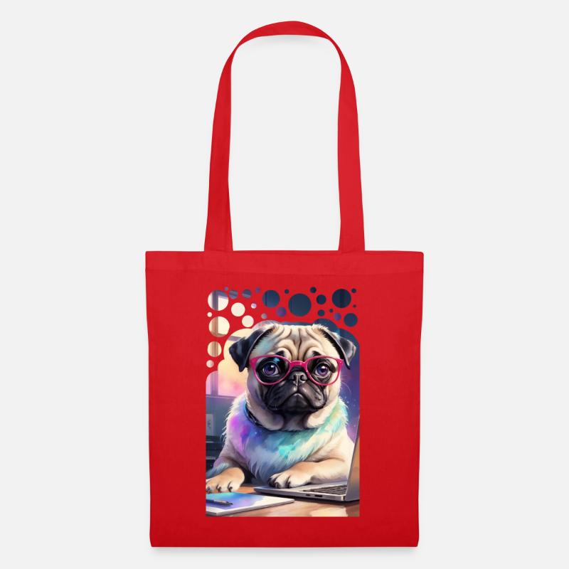 Bürohund Mops mit Laptop und pinker Brille Pop Art - Stoffbeutel - Rot