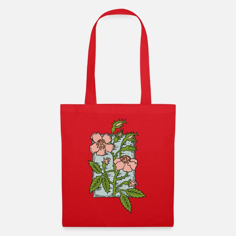 Moschusrose, handgezeichneter Blumenstempel im Vintage-Stil - Stoffbeutel - Rot