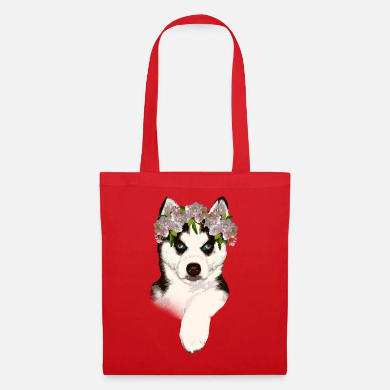 Husky mit Blumenkrone - Stoffbeutel - Rot