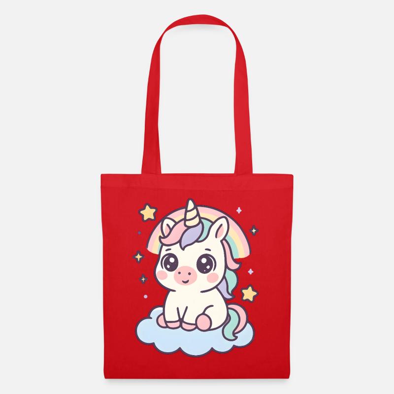 Kawaii Einhorn auf Wolke mit Regenbogen Sterne - Stoffbeutel - Rot