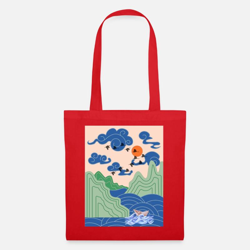 Korean Art Design mit Kranichen & Origami Boot - Stoffbeutel - Rot