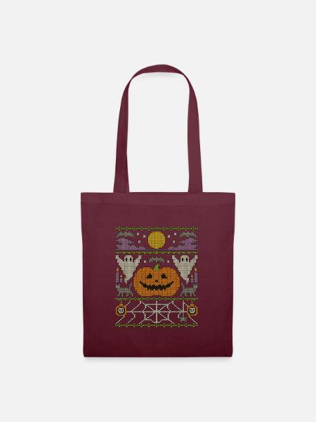 Halloween im Strickmuster - Stoffbeutel - Burgunderrot
