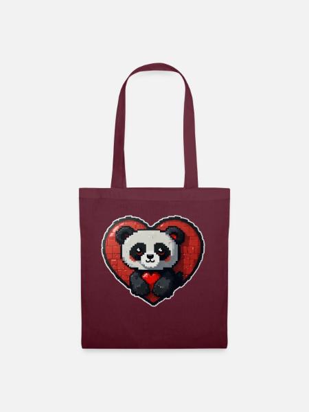 Pixel-Panda mit großem Herz - Stoffbeutel - Burgunderrot