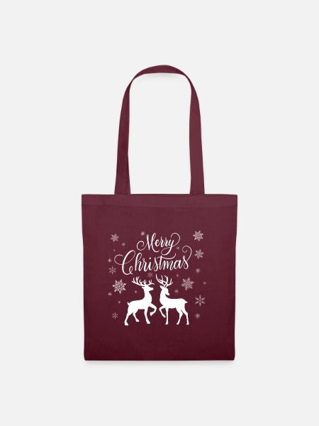 Merry Christmas mit Hirsch, Reh und Schnee - Stoffbeutel - Burgunderrot
