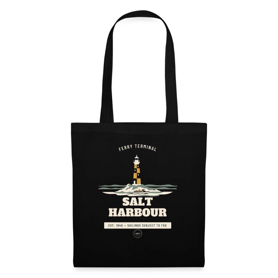Salt Harbour badge on a tote bag, black, front