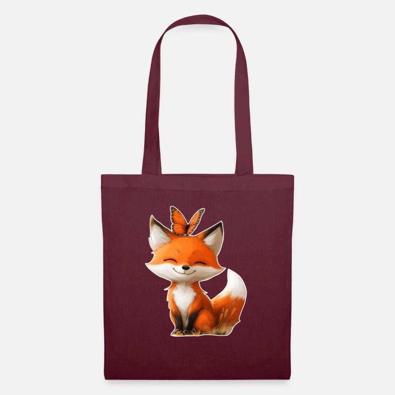 Fuchs mit Schmetterling - Stoffbeutel - Burgunderrot