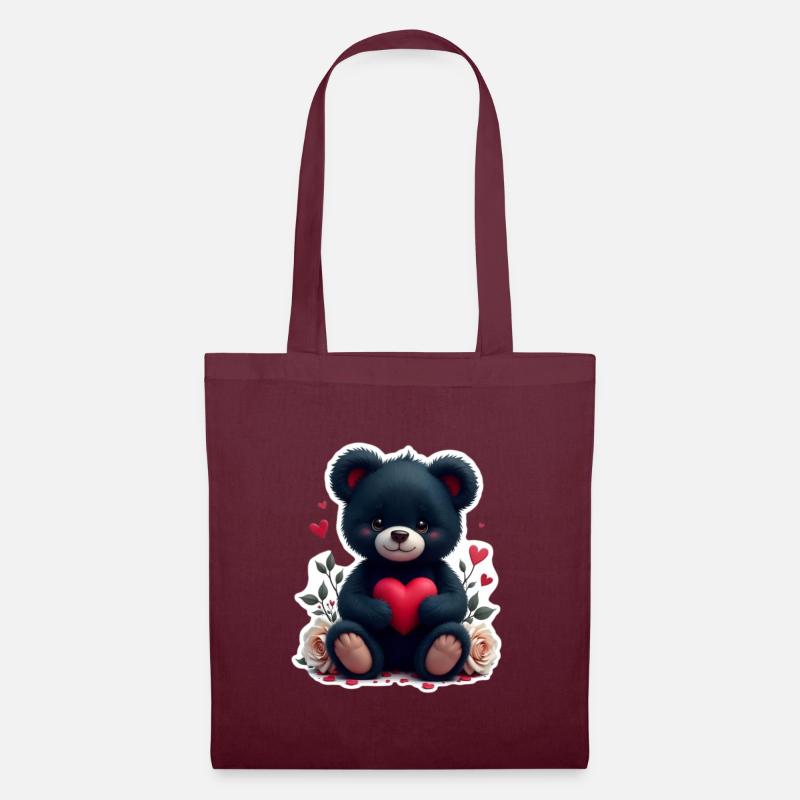 Schwarzer Teddy mit Herz - Stoffbeutel - Burgunderrot