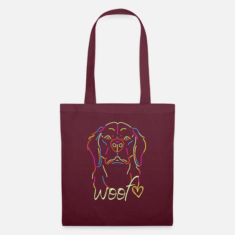 Schwarzes buntes Neon-Hunde-T-Shirt - Stoffbeutel - Burgunderrot