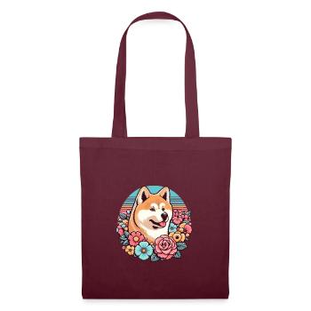 Akita Inu Retro Pastell Blumen - Stoffbeutel - Burgunderrot - Vorne