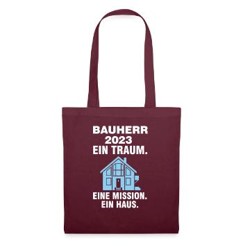 Bauherr 2023 Hausbau Baustelle Geschenk - Stoffbeutel - Burgunderrot - Vorne