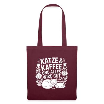 Katze und Kaffee und alles wird gut - Stoffbeutel - Burgunderrot - Vorne
