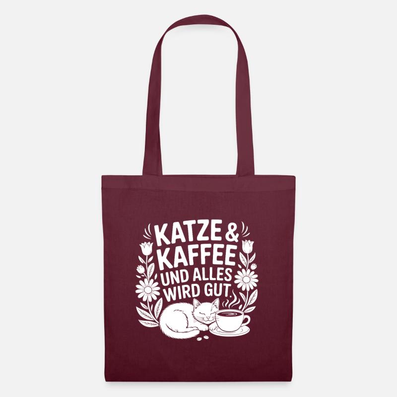 Katze und Kaffee und alles wird gut - Stoffbeutel - Burgunderrot