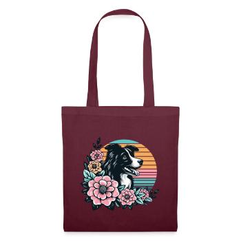 Border Collie Rétro Pastel Floral Noir Blanc - Sac en tissu - bordeaux - Devant