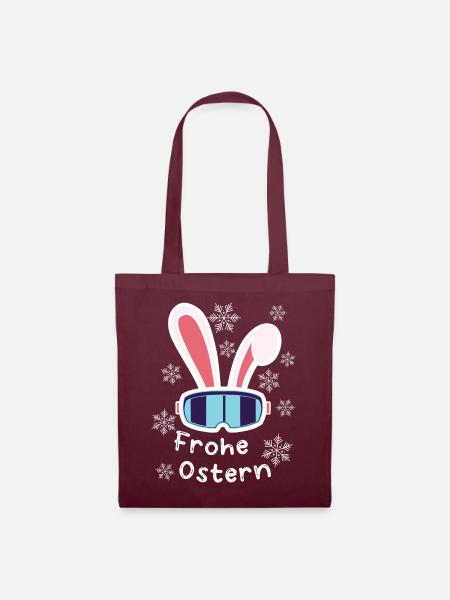 Skihase "Frohe Ostern" Osterhase Skifahren Urlaub - Stoffbeutel - Burgunderrot
