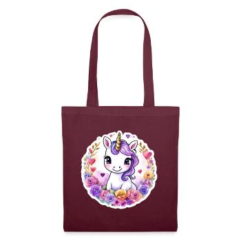 Einhorn mit bunten Blumen/Rosen - Sweet Unicorn - Stoffbeutel - Burgunderrot - Vorne