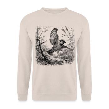 Süßer Spatz im Flug in Natur im Zeichenstil - Unisex Pullover - Sand - Vorne - Alina (178cm) & Michal (187cm)