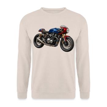Café Racer Kunstmotorrad BlauRot Gold - Unisex Pullover - Sand - Vorne - Alina (178cm) & Michal (187cm)