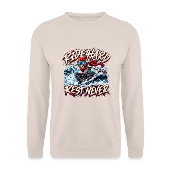 Skelett-Snowboarder fährt Hard Rest Never - Unisex Pullover - Sand - Vorne - Alina (178cm) & Michal (187cm)