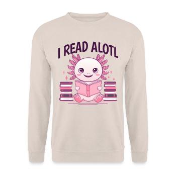 Ich lese Alotl – Süßer Axolotl Bücherwurm - Unisex Pullover - Sand - Vorne - Alina (178cm) & Michal (187cm)